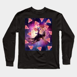 Thug Space Cat On Dinosaur Unicorn - Pizza Long Sleeve T-Shirt